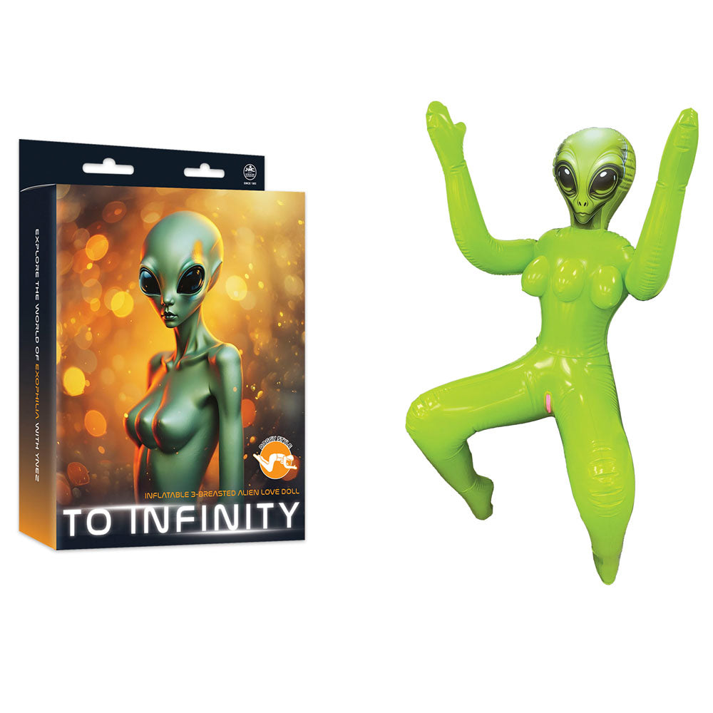 To Infinity - Inflatable Squatting Alien Love Doll, a vibrant green alien figure in seductive pose with packaging.