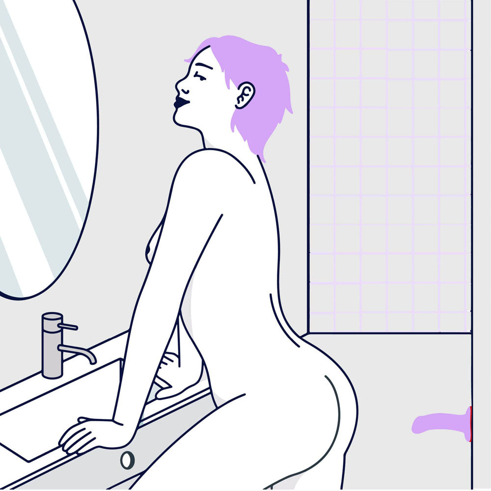 Fun Factory AMOR lavender - Lavender 14.6 cm Dildo showcased in a contemporary bathroom setting.