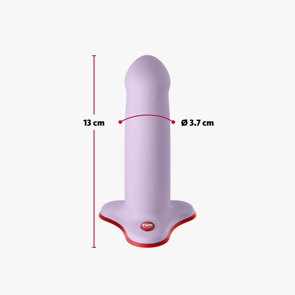 Fun Factory AMOR lavender - Lavender 14.6 cm Dildo with measurements displayed, highlighting its design and size.