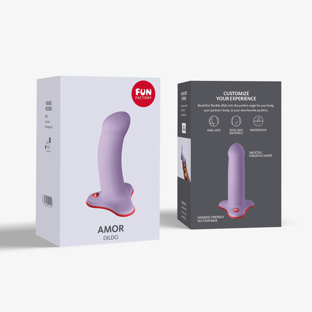 Fun Factory AMOR lavender - Lavender 14.6 cm Dildo packaging with customization features and product details.