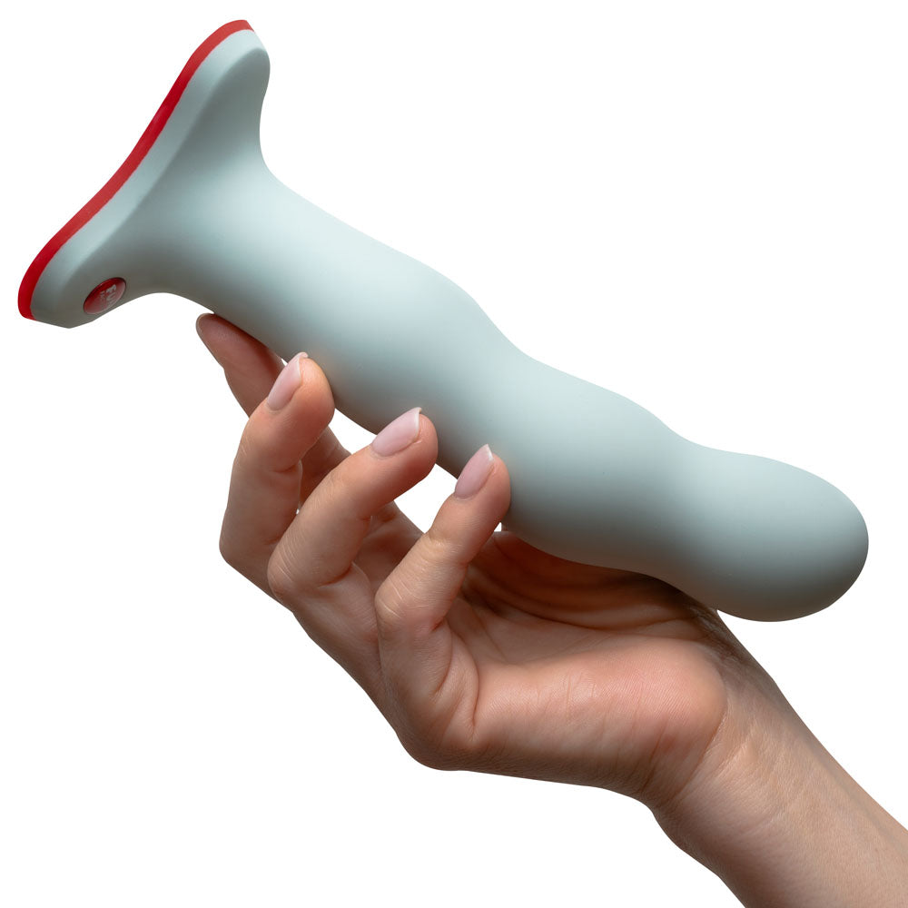 Fun Factory BOUNCER sage  - Sage  18.5 cm Dildo held in hand, showcasing its design and features.