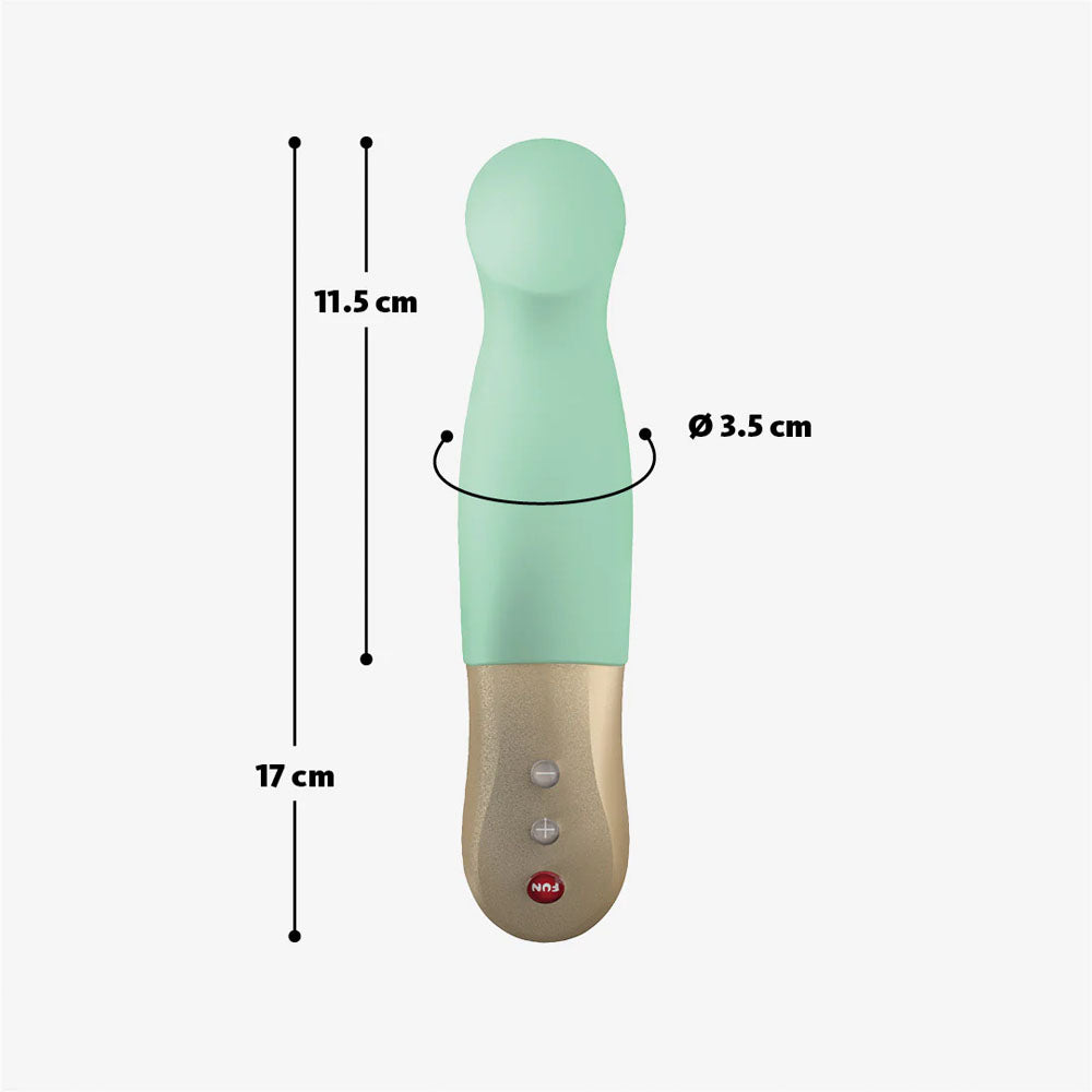 Fun Factory SUNDAZE pistachio - Pistachio 17.5 cm USB Rechargeable Thrusting Vibrator dimensions and design.
