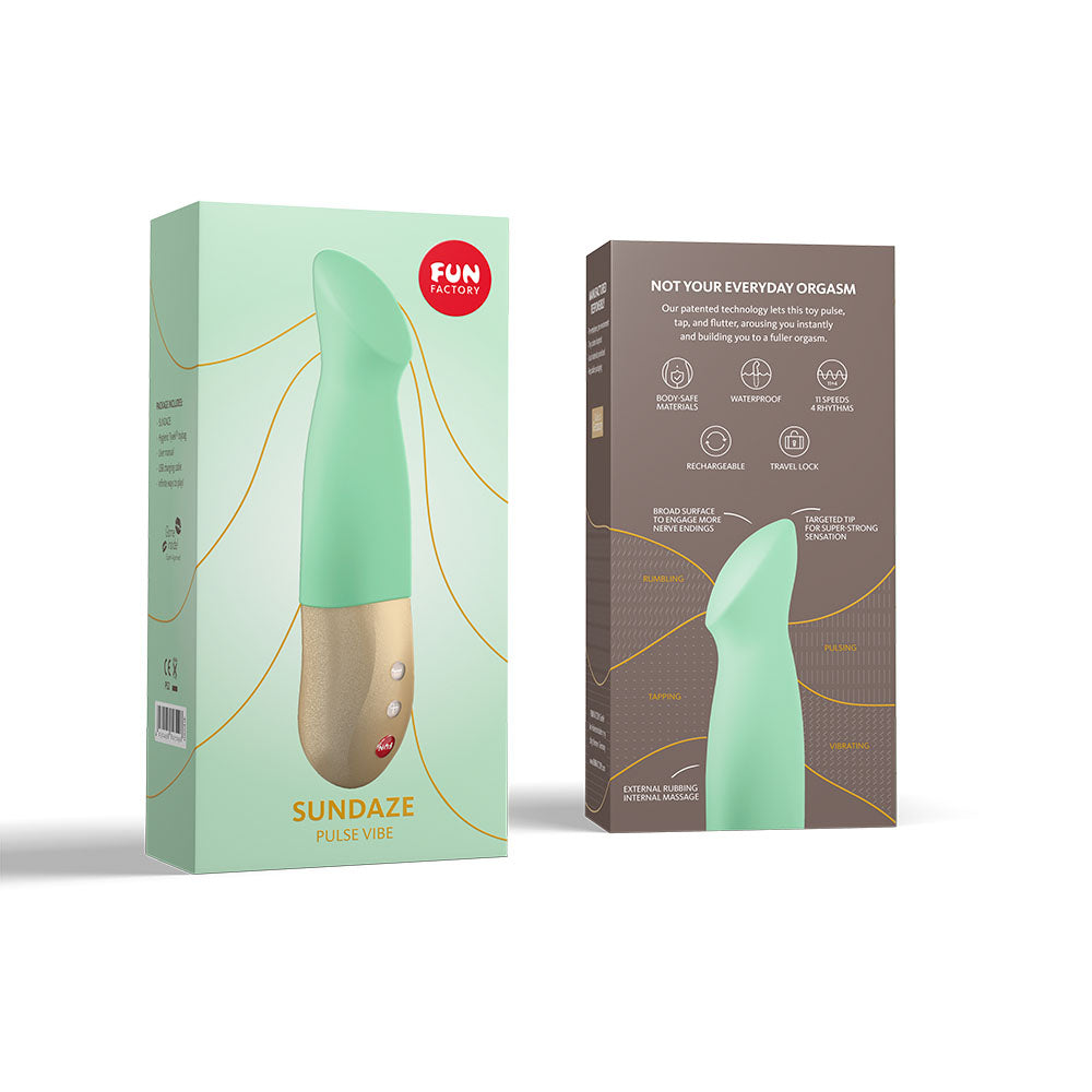 Fun Factory SUNDAZE pistachio - Pistachio 17.5 cm USB Rechargeable Thrusting Vibrator packaging front and back sides.