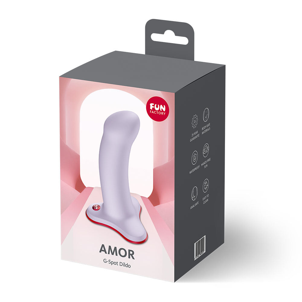 Fun Factory AMOR - 13.5 cm Dildo packaging showcasing its G-Spot stimulating design, perfect for intimate essentials.
