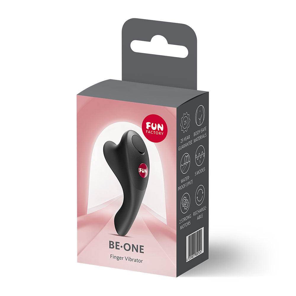 Fun Factory BE-ONE  -  USB-C Rechargeable Finger Stimulator packaging, showcasing a sleek and ergonomic finger vibrator design.