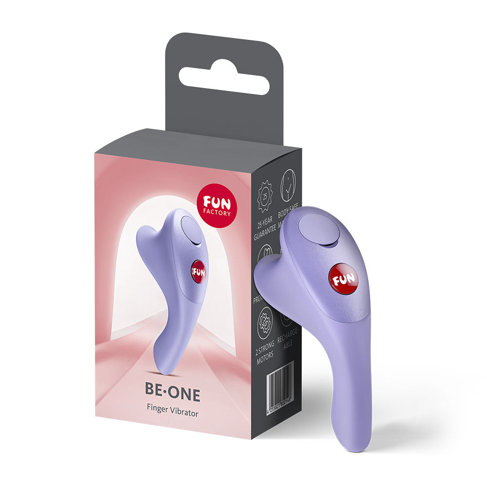 Fun Factory BE-ONE  -  USB-C Rechargeable Finger Stimulator packaging with finger vibrator in lavender color.