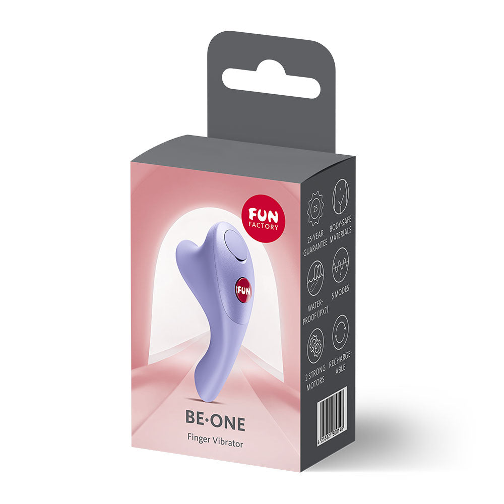 Fun Factory BE-ONE  -  USB-C Rechargeable Finger Stimulator packaging with product information and design.
