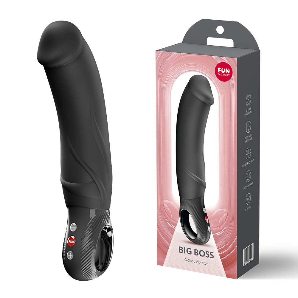 Fun Factory BIG BOSS - 22.9 cm USB-C Rechargeable Vibrator in packaging, designed for targeted G-spot stimulation.