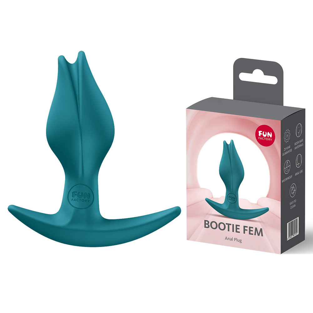 Fun Factory BOOTIE FEM Bottle  - Bottle  8.5 cm Butt Plug, teal anal plug with packaging for intimate essentials.