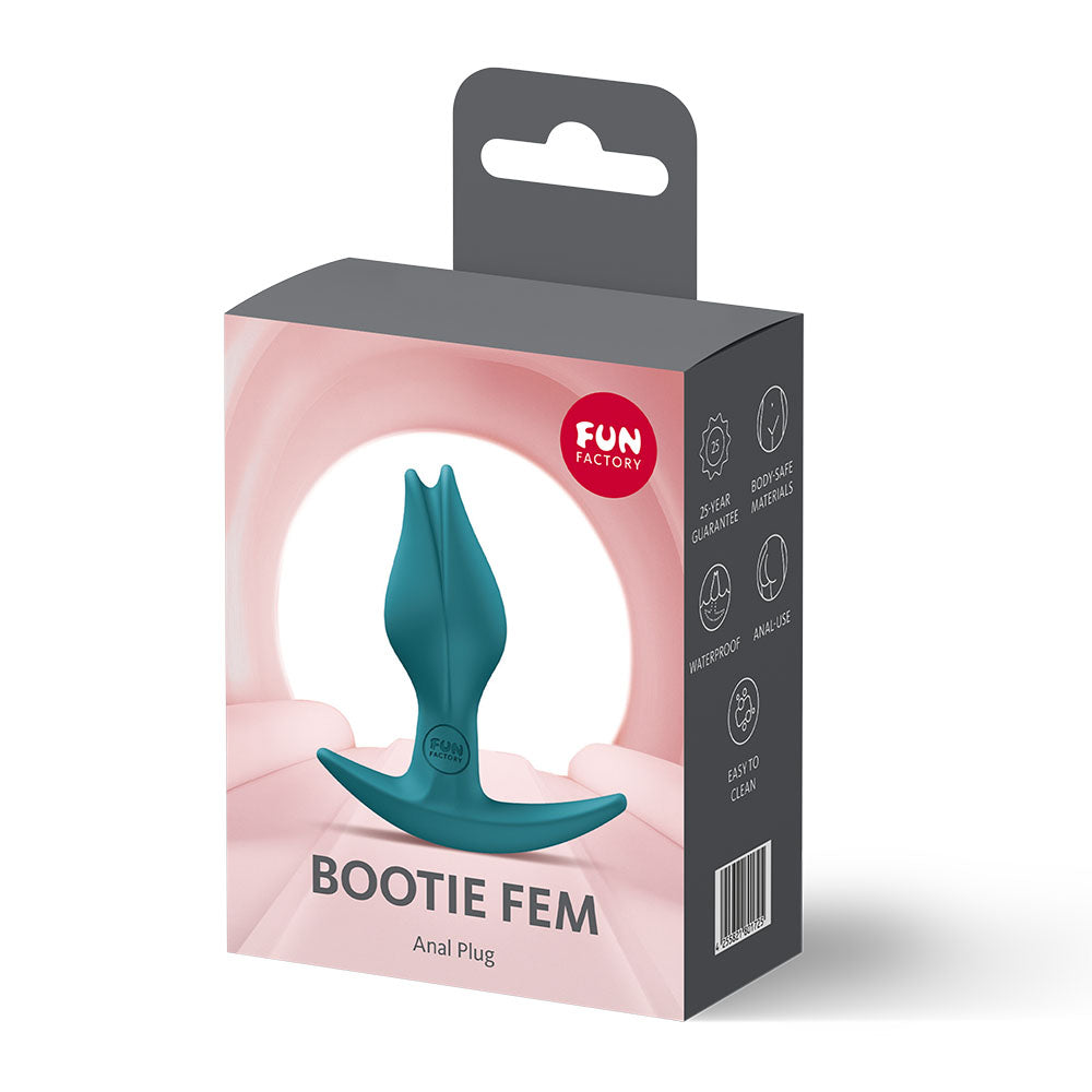 Fun Factory BOOTIE FEM Bottle  - Bottle  8.5 cm Butt Plug product packaging displayed against a soft background.