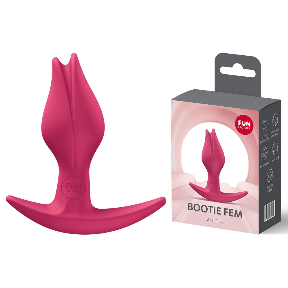 Fun Factory BOOTIE FEM Raspberry - Raspberry 8.5 cm Butt Plug with packaging and product design showcased.
