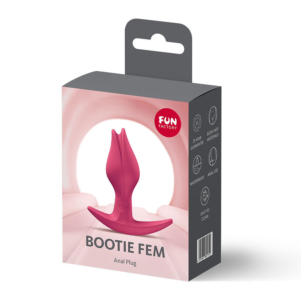 Fun Factory BOOTIE FEM Raspberry - Raspberry  8.5 cm Butt Plug packaging featuring the unique design of the anal plug.