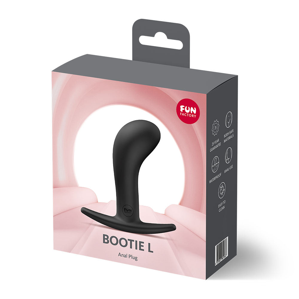 Fun Factory BOOTIE L  -  10.9 cm Large Anal Plug packaging featuring sleek design and ergonomic shape.