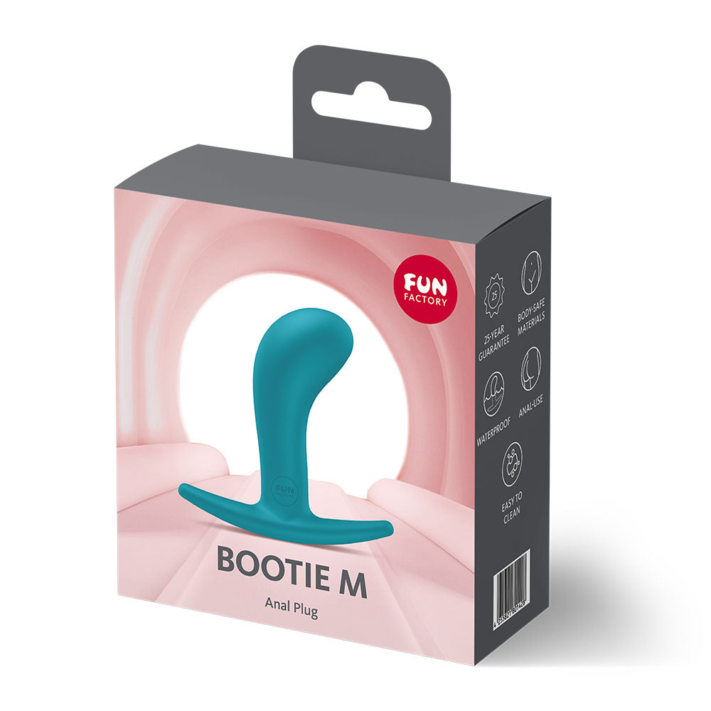 Fun Factory BOOTIE M Aquamarine - Aquamarine 9.4 cm Medium Butt Plug packaging with sleek design and vibrant color.