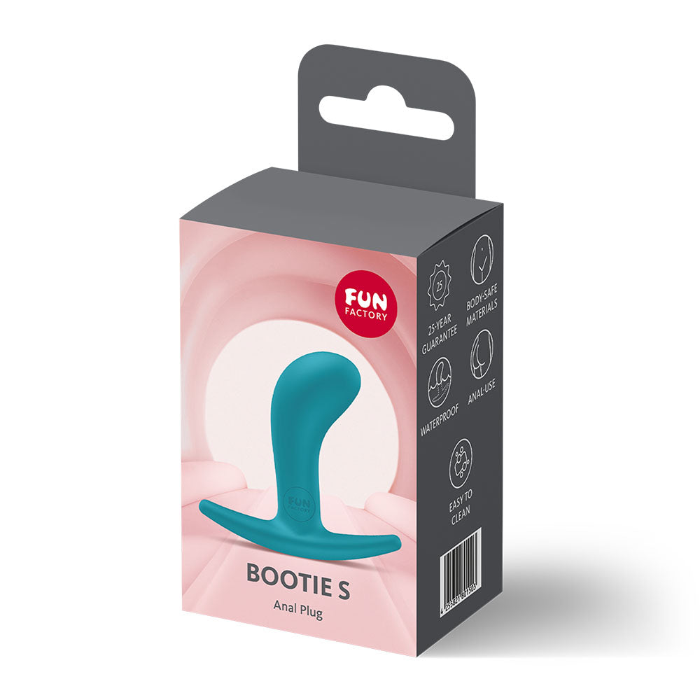 Fun Factory BOOTIE S Aquamarine - Aquamarine 7.9 cm Small Butt Plug packaging design with product details.