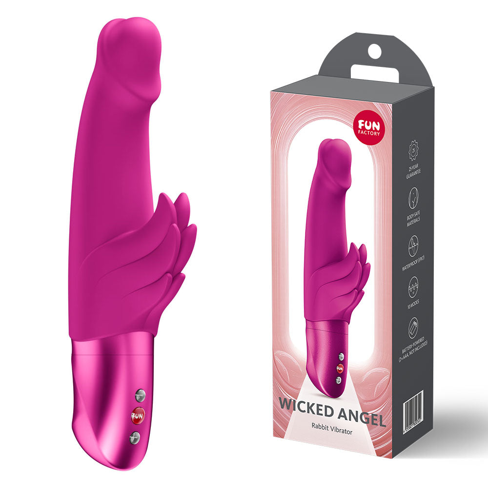 Fun Factory WICKED ANGEL Magenta - Magenta Angel Vibrator in packaging, a stylish rabbit vibrator for intimate essentials.