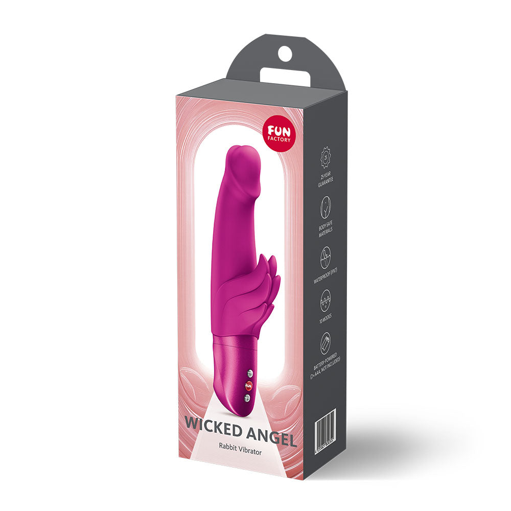 Fun Factory WICKED ANGEL Magenta - Magenta Angel Vibrator packaging with description details.