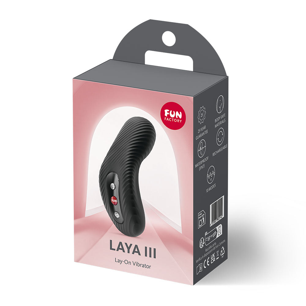 Fun Factory LAYA III  -  USB-C Rechargeable Stimulator packaging featuring the ergonomic design and textured surface.
