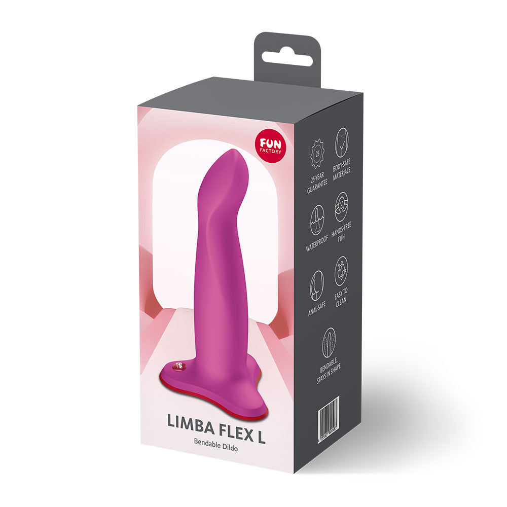 Fun Factory LIMBA FLEX L Magenta - Magenta 17.8 cm Dildo in packaging showing its bendable design.