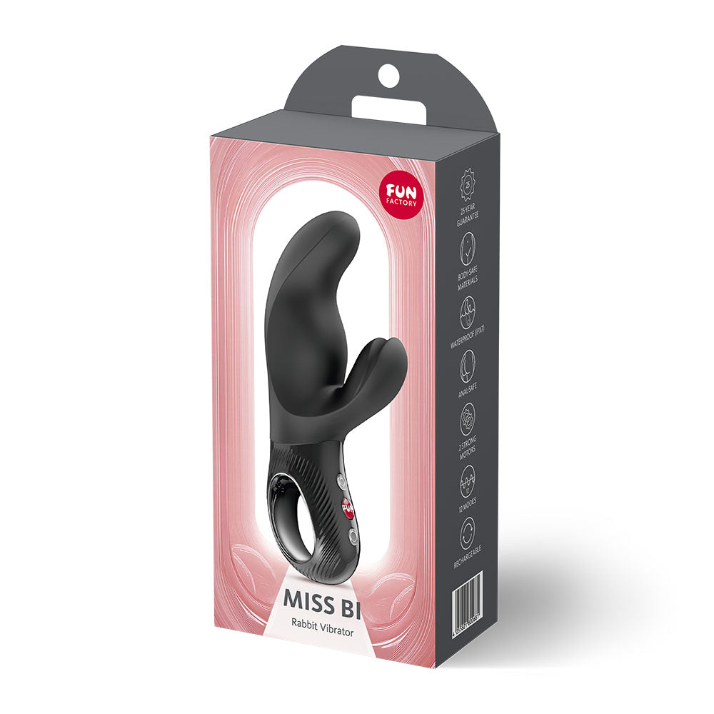Fun Factory MISS BI  -  17 cm USB-C Rechargeable Vibrator in packaging with ergonomic design for stimulation.