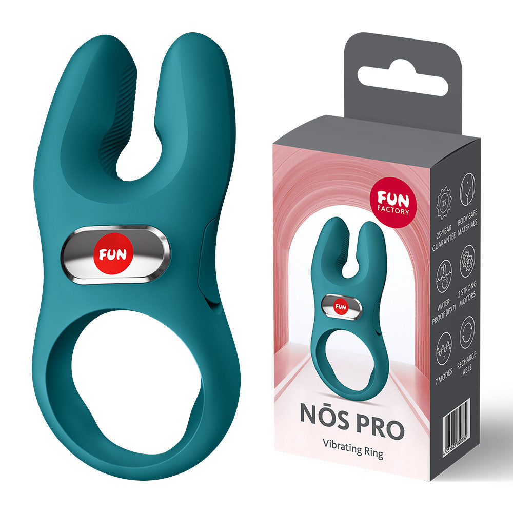 Fun Factory NOS PRO Bottle  - Bottle  USB-C Rechargeable Vibrating Cock Ring displayed with packaging.