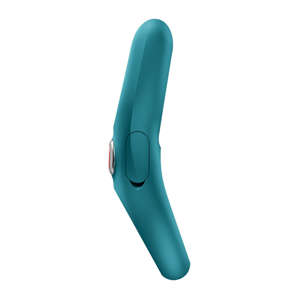Fun Factory NOS PRO Bottle  - Bottle  USB-C Rechargeable Vibrating Cock Ring in teal color shown side view.