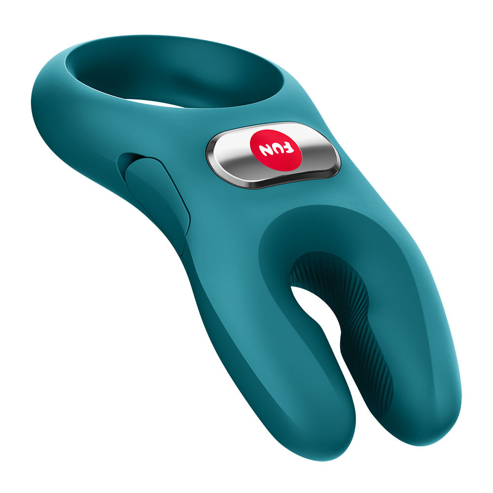 Fun Factory NOS PRO Bottle  - Bottle  USB-C Rechargeable Vibrating Cock Ring in turquoise color.