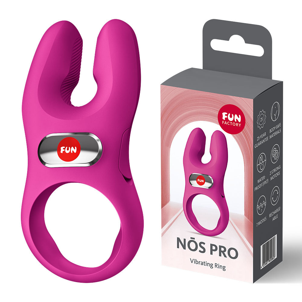 Fun Factory NOS PRO Magenta - Magenta USB-C Rechargeable Vibrating Cock Ring with packaging, designed for intense stimulation.