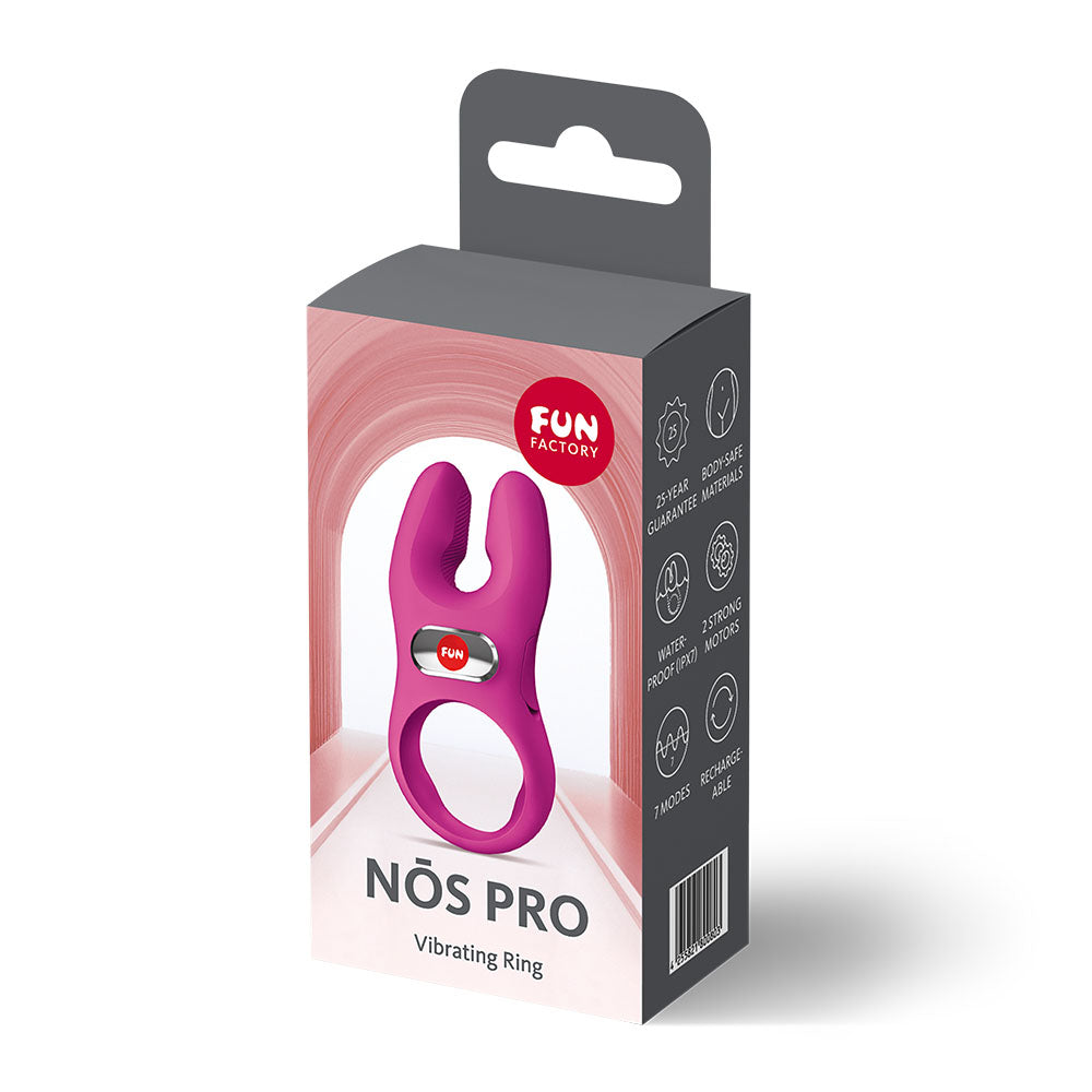 Fun Factory NOS PRO Magenta - Magenta USB-C Rechargeable Vibrating Cock Ring packaging on display.