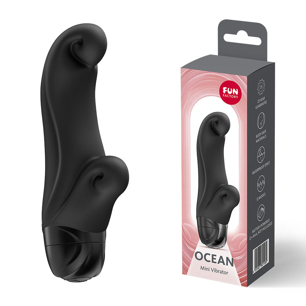 Fun Factory OCEAN - 14.5 cm Vibrator in black color, showcasing its ergonomic design and packaging.
