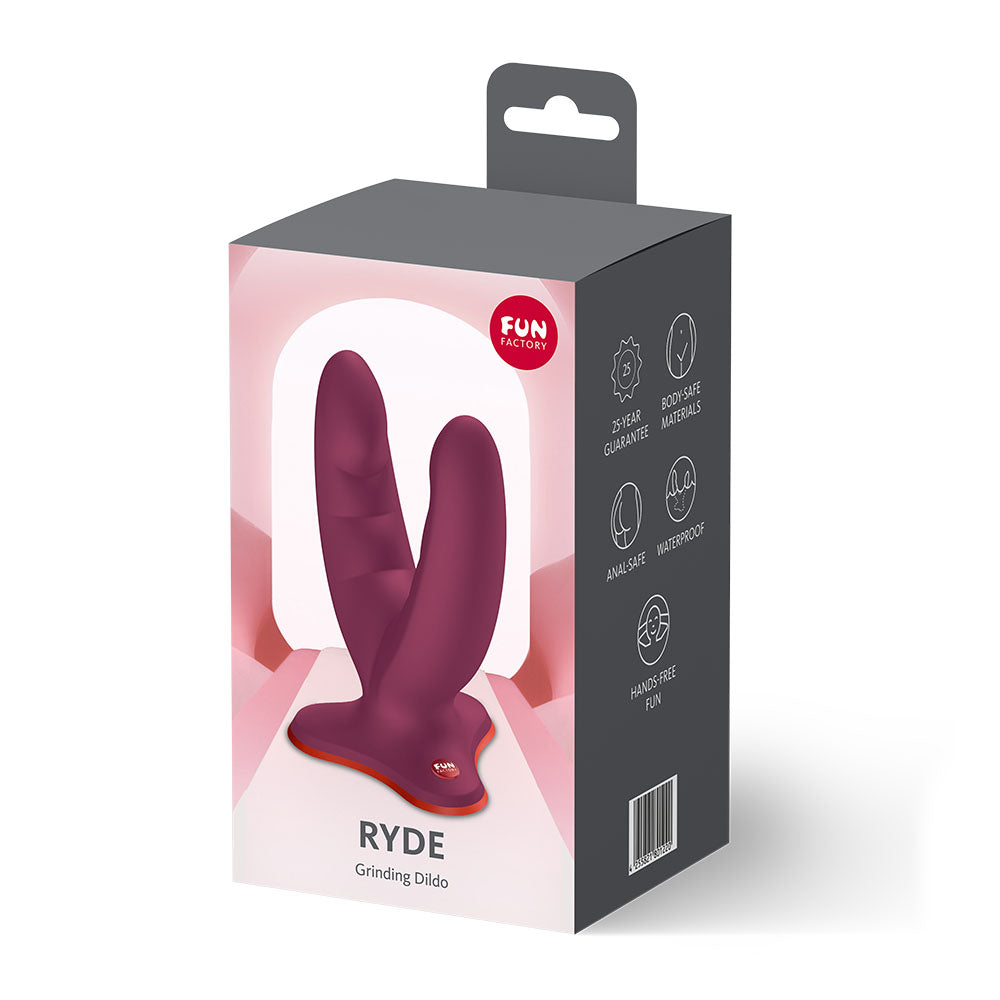 Fun Factory RYDE Wine - Wine Grinding Dildo packaging showcasing versatile sexual wellness toy for ultimate pleasure.