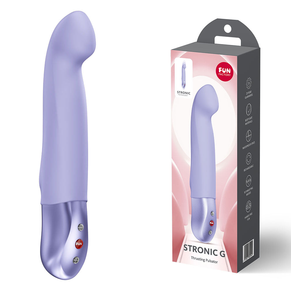 Fun Factory STRONIC G - 20.8 cm USB-C Rechargeable Thrusting Vibrator with packaging and sleek design.