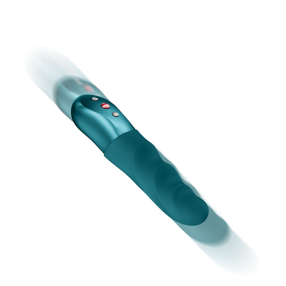 Fun Factory STRONIC PETITE -  USB Rechargeable Thrusting Vibrator in teal design, showcasing ergonomic controls and compact size.