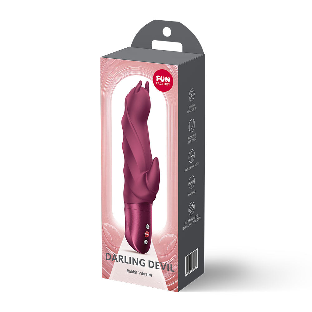 Packaging of the Fun Factory DARLING DEVIL Wine - Wine 20 cm Vibrator, a rabbit vibrator designed for ultimate pleasure.