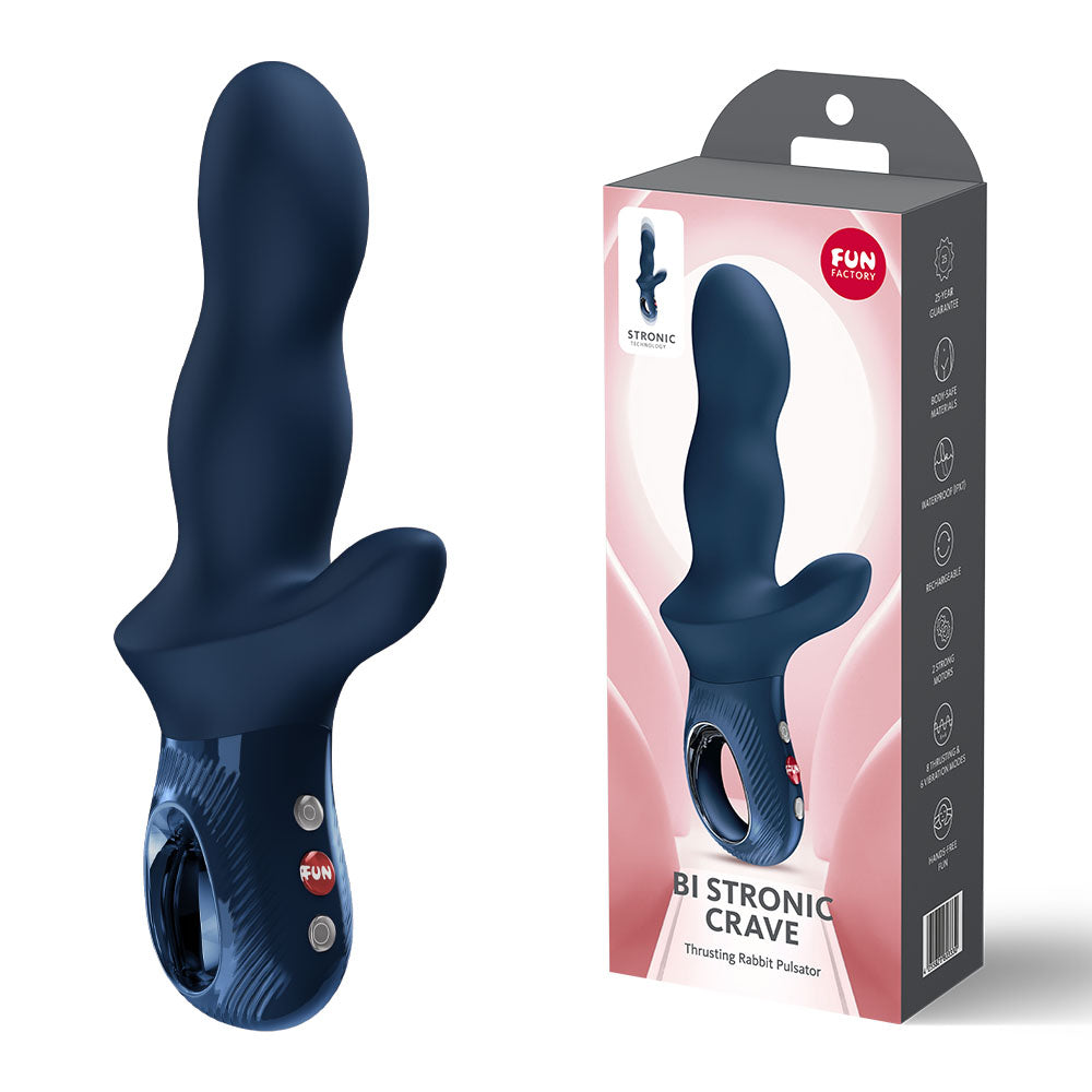 Fun Factory BI STRONIC CRAVE Nightblue - Nightblue USB-C Rechargeable Thrusting Vibrator with packaging.