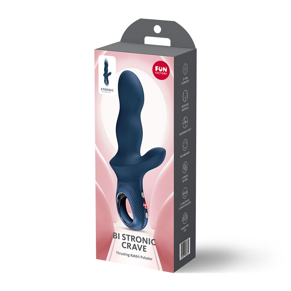 Fun Factory BI STRONIC CRAVE Nightblue - Nightblue USB-C Rechargeable Thrusting Vibrator packaging view.