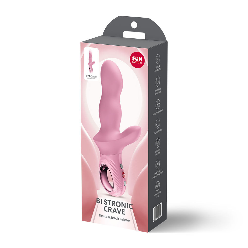 Fun Factory BI STRONIC CRAVE Rose - Rose USB-C Rechargeable Thrusting Vibrator in packaging for intimate essentials.
