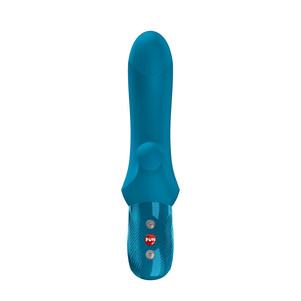 Fun Factory BI STRONIC CURVE Aquamarine - Aquamarine USB-C Rechargeable Thrusting Vibrator on a white background.