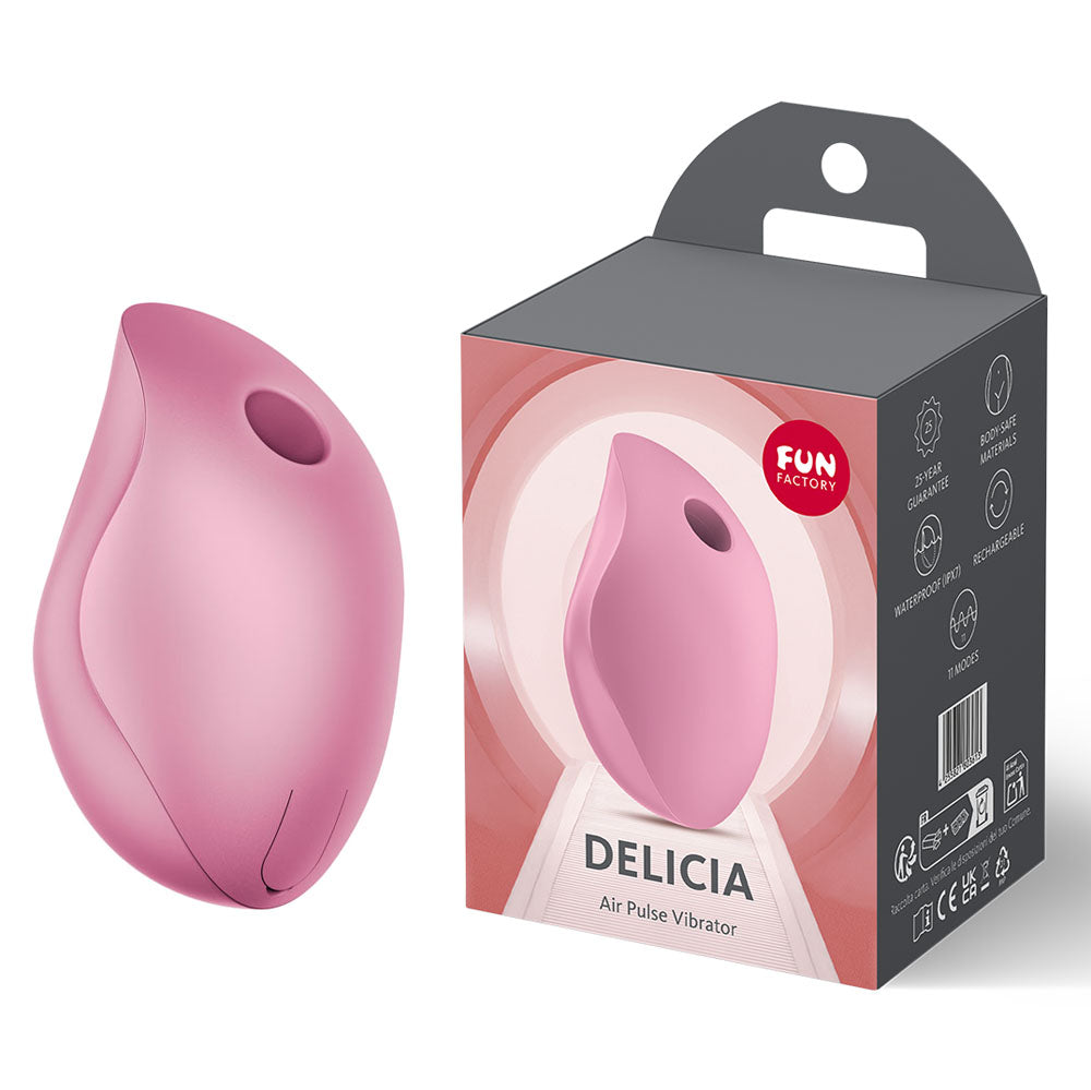 Fun Factory DELICIA Rose - Rose  USB Rechargeable Air Pulse Stimulator next to its packaging showcasing the design.