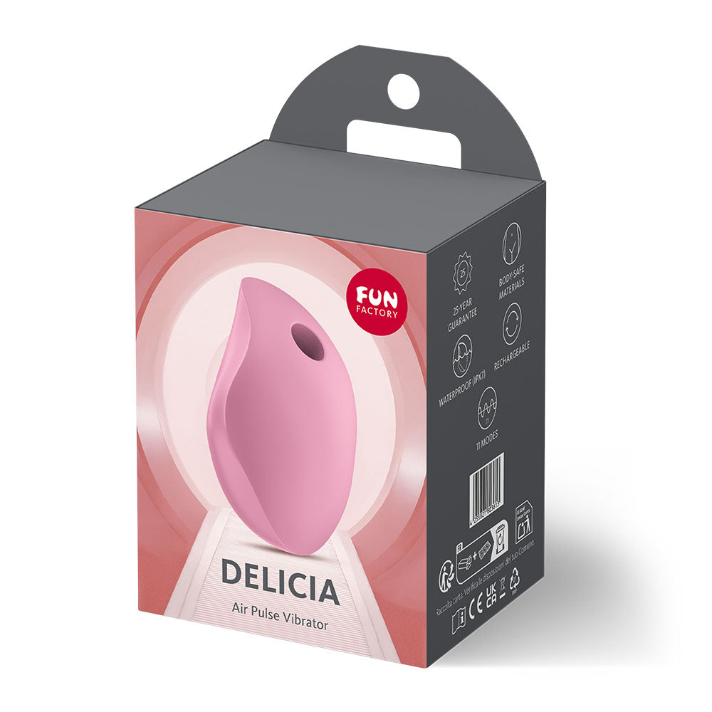 Fun Factory DELICIA Rose - Rose USB Rechargeable Air Pulse Stimulator packaging, showcasing its sleek design.
