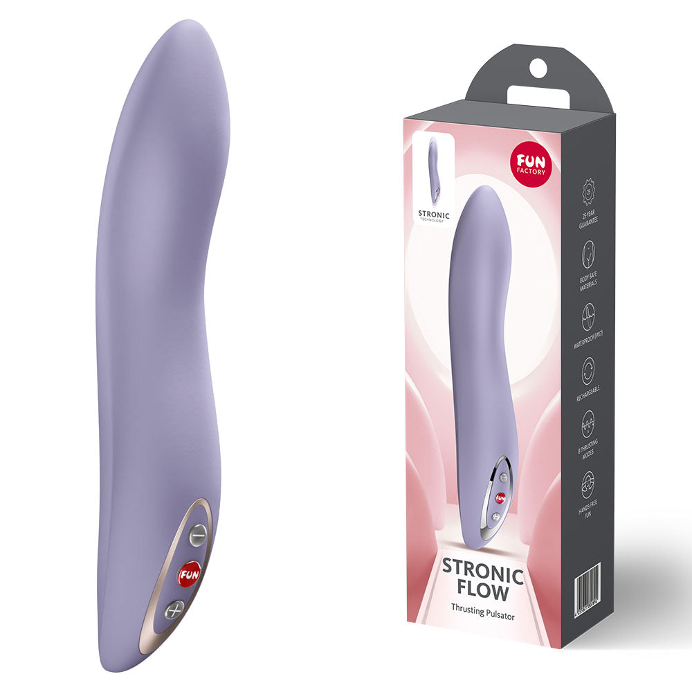 Fun Factory STRONIC FLOW Light Violet - Light Violet 21.6 cm USB Rechargeable Thrusting Vibrator with packaging.