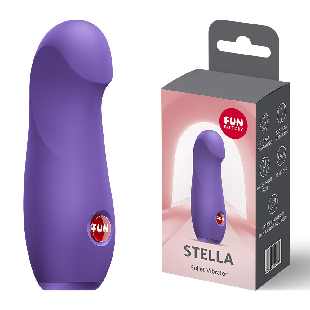 Fun Factory STELLA Blackcurrant -  Vibrating Bullet, a purple mini bullet vibrator with packaging.