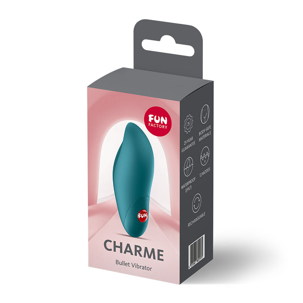 Fun Factory CHARME Bottle  - Bottle  USB-C Rechargeable Stimulator in packaging with vibrant design.