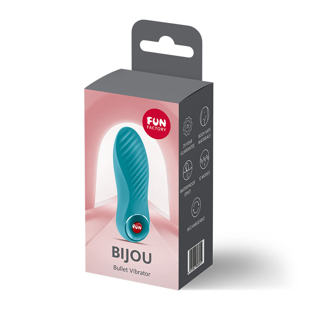 Fun Factory BIJOU Aquamarine - Aquamarine USB-C Rechargeable Stimulator packaging showcasing sleek design and features.
