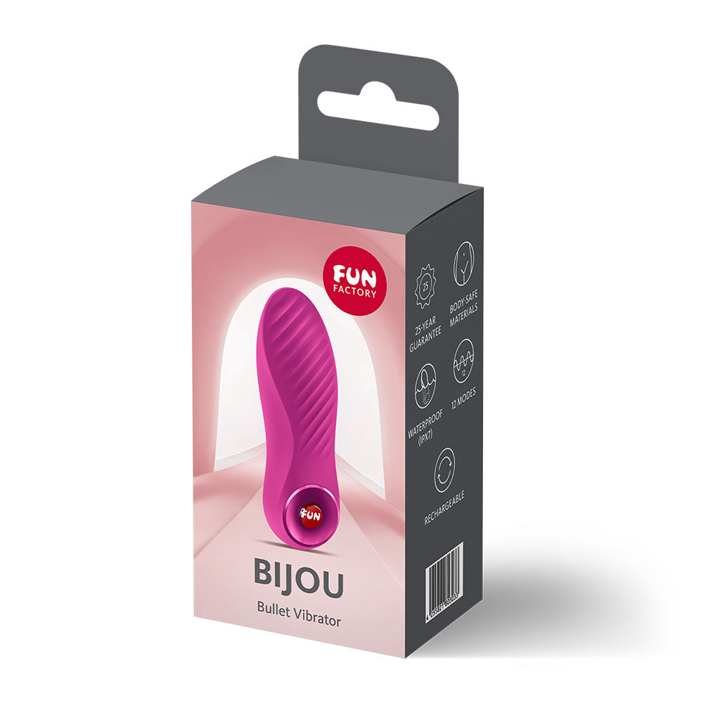 Fun Factory BIJOU Magenta - Magenta USB-C Rechargeable Stimulator packaging design for intimate essentials.