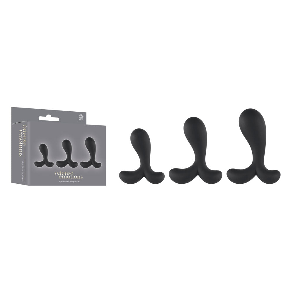 Intense Emotions -  Butt Plugs - Set of 3 Sizes in sleek black silicone for intimate exploration.