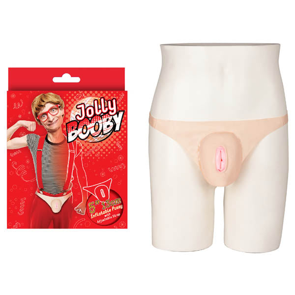 Jolly Booby - Inflatable Pussy - Inflatable Pussy with Adjustable Straps on display with packaging.