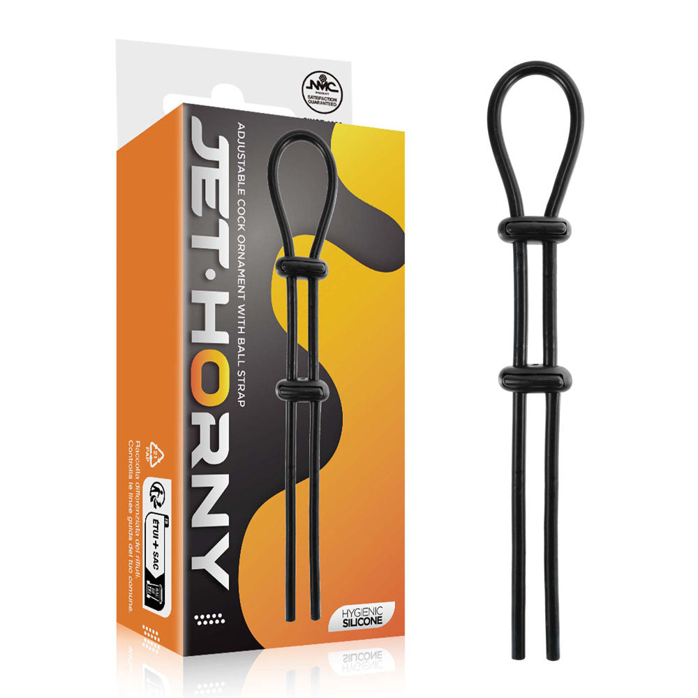 Jet Horny -  Adjustable Cock & Ball Lasso Ring product packaging and design, made of hygienic silicone.