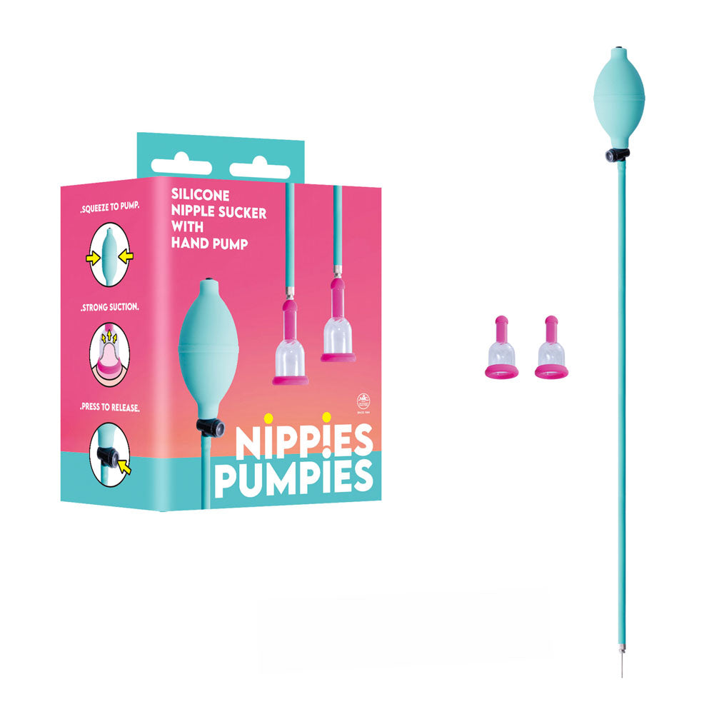 Nippies Pumpies - Teal - Teal Nipple Pump with packaging showcasing silicone nipple suckers and hand pump.