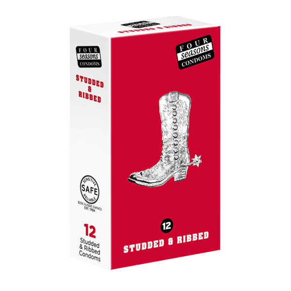 Four Seasons Studs & Ribs Condoms - Studded & Ribbed Lubricated Condoms - 12 Pack packaging featuring a silver cowboy boot.